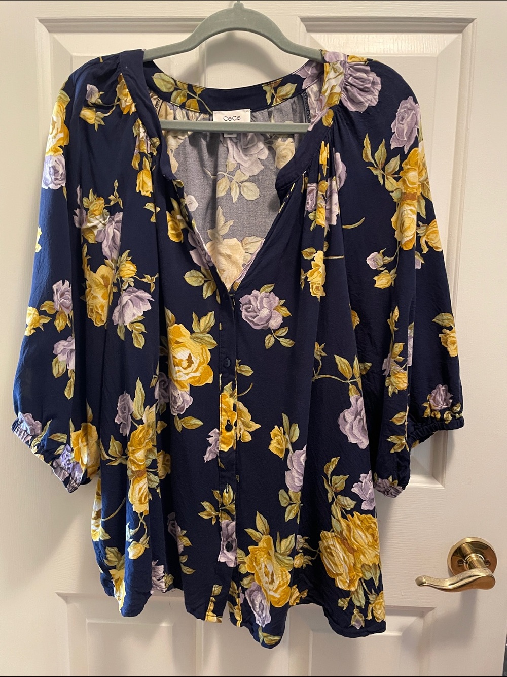 CECE Navy Floral Button-Front Women’s Blouse 1XL